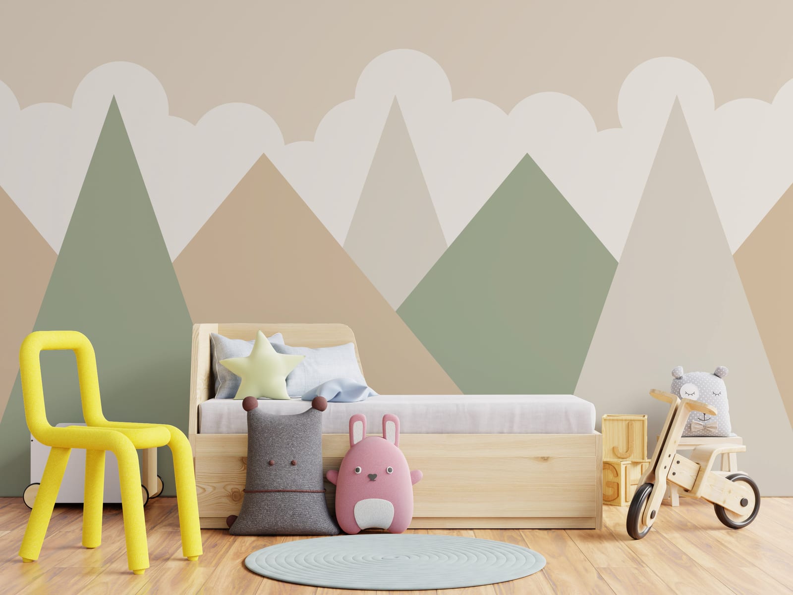 Stylish toddler room interior displaying pastel alpine pattern backdrop creating cheerful playful environment.
