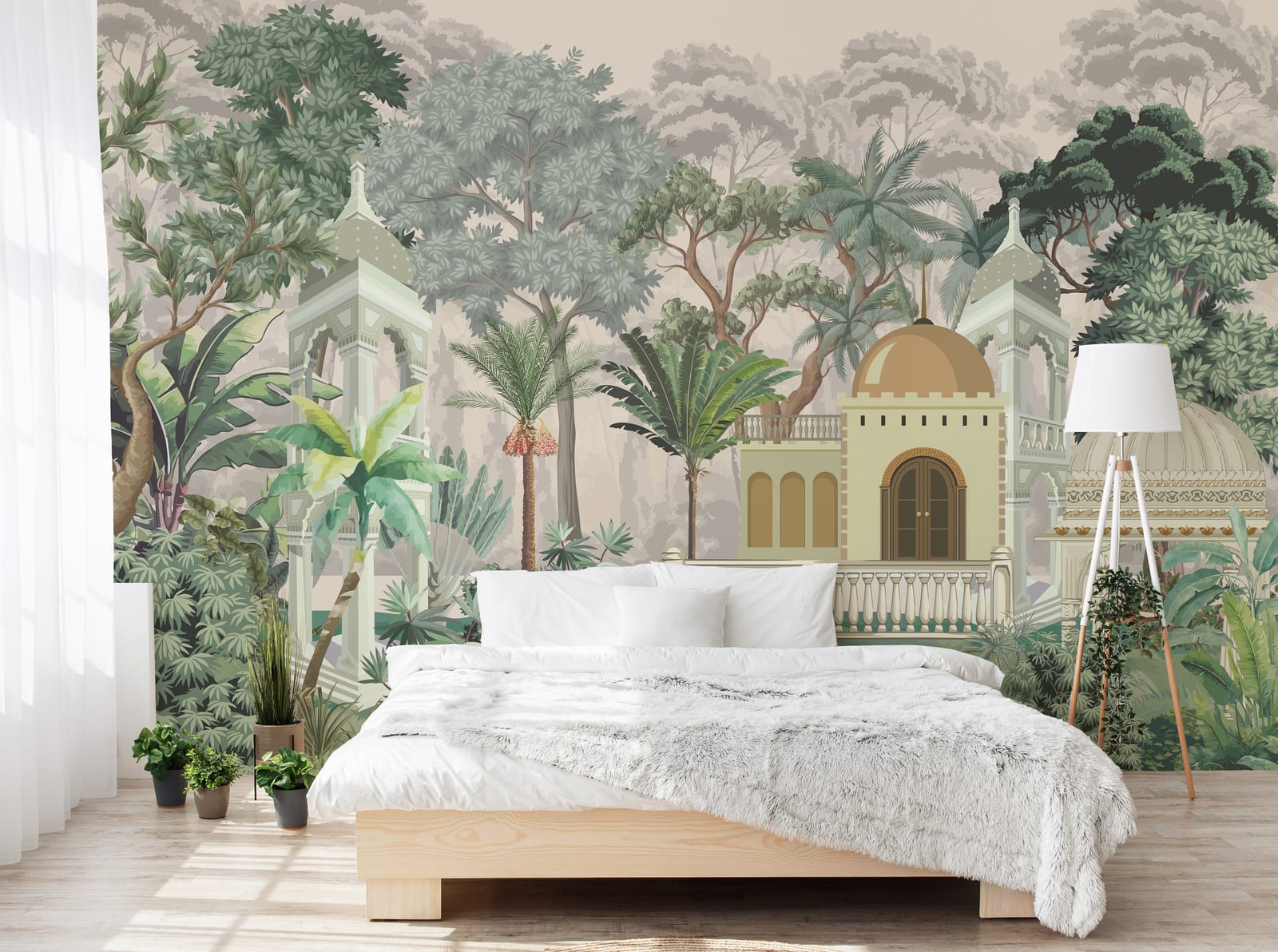 Vintage botanical jungle wallpaper featuring exotic trees architecture for stylish bedroom interior