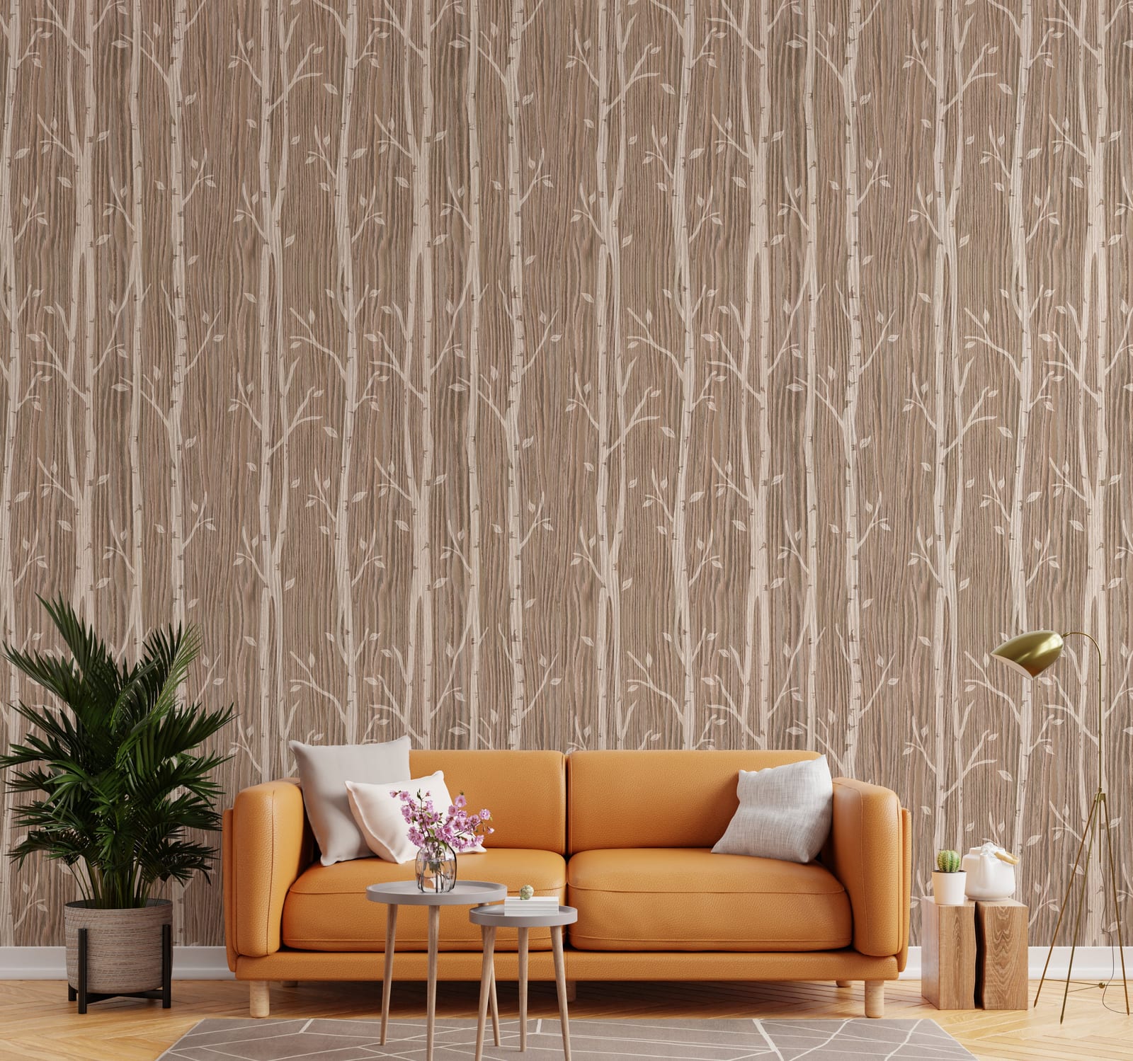 Clean minimalist room featuring wood-inspired texture and subtle tree pattern mural decor
