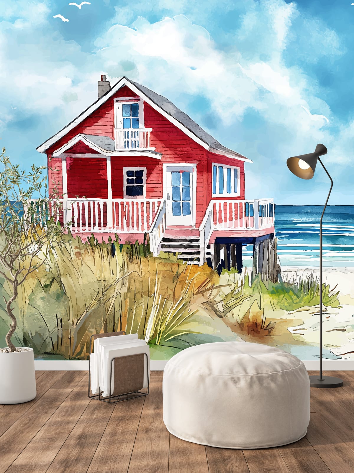 Serene coastal landscape mural with dunes and waves creating calm sleeping environment