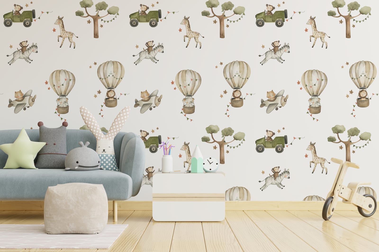 Modern kids bedroom wallpaper with jungle animals, hot air balloons, neutral colors