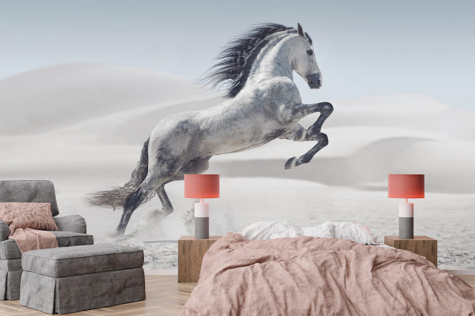 Galloping desert horse wallpaper mural installed on bedroom feature wall creating luxurious atmosphere with contemporary interior aesthetics