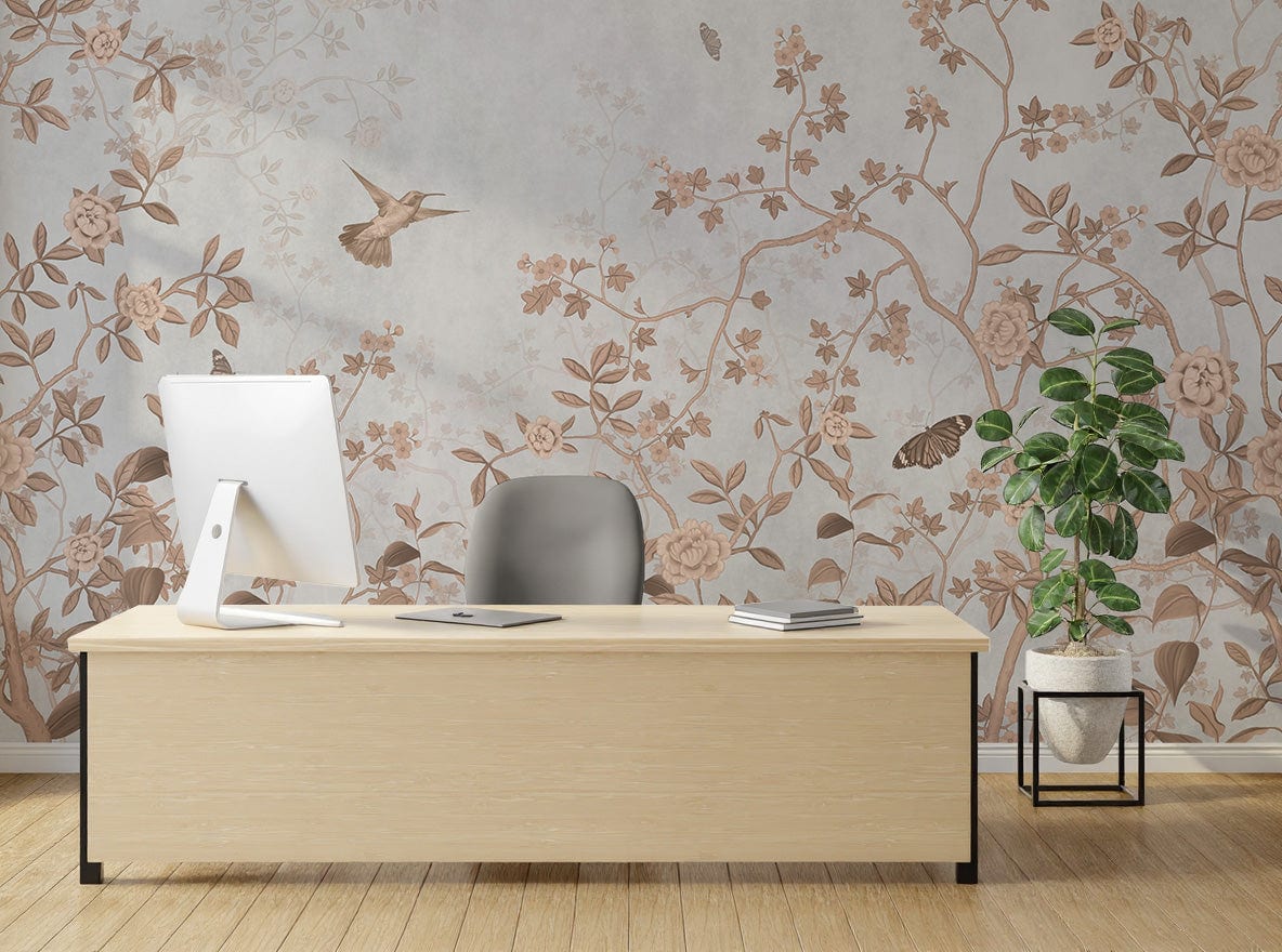 Beige floral bird wallpaper adding premium aesthetic touch to modern home office decor