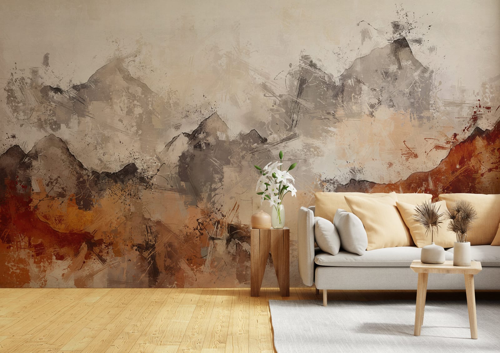 Abstract mountain wallpaper in warm earth tones creating a calm and modern bedroom retreat in a Chicago apartment.