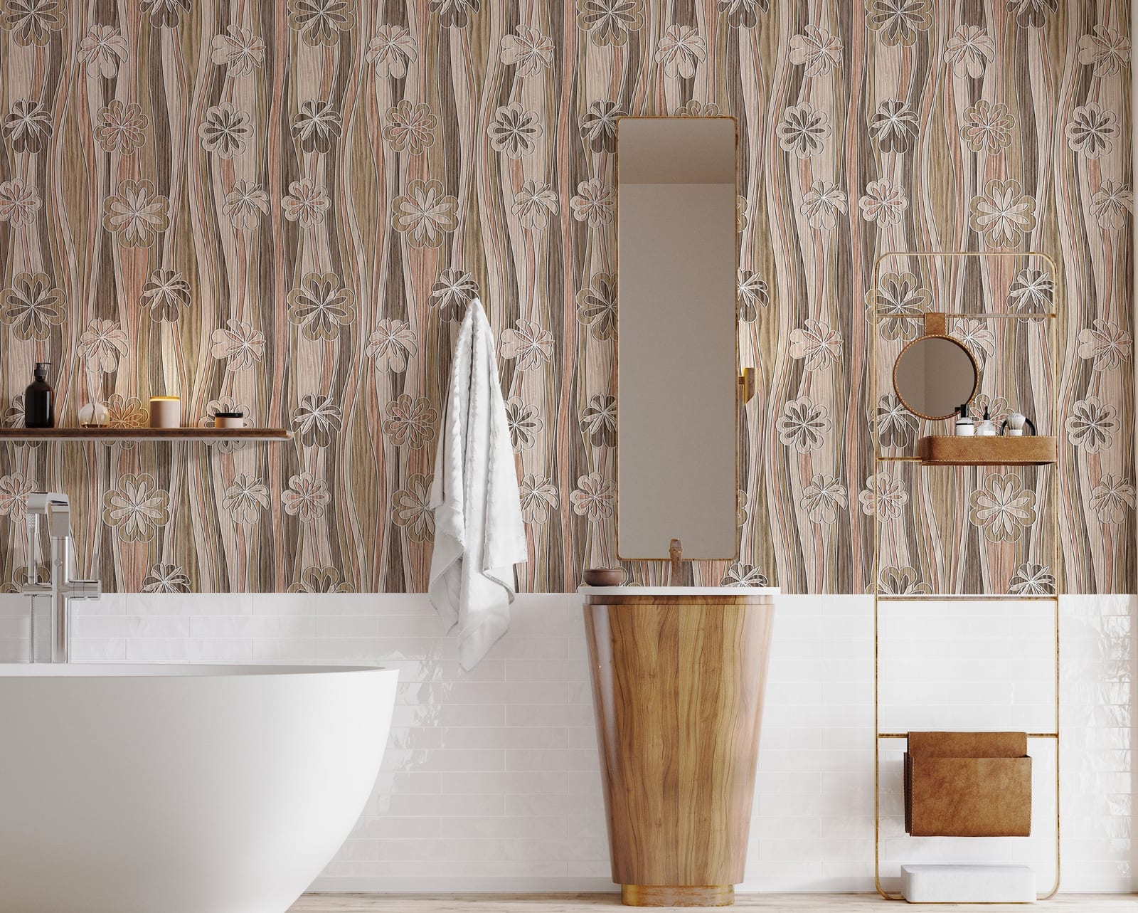 Beige floral wood texture wallpaper adds spa-like elegance to bathroom dry wall decor