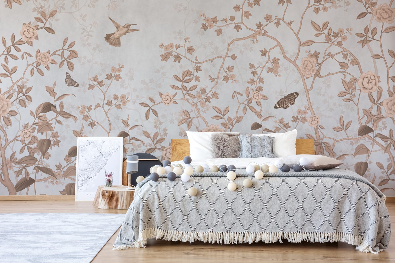 Vintage botanical mural with birds and soft neutral tones for elegant bedroom interior