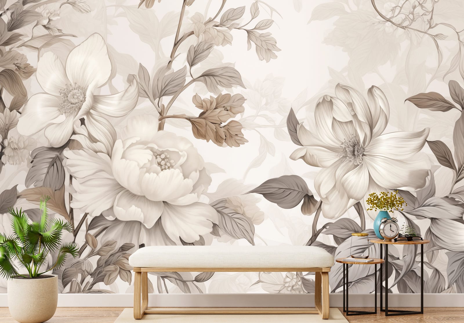 Graceful beige floral illustration wallpaper elevating luxury lounge interior atmosphere beautifully.