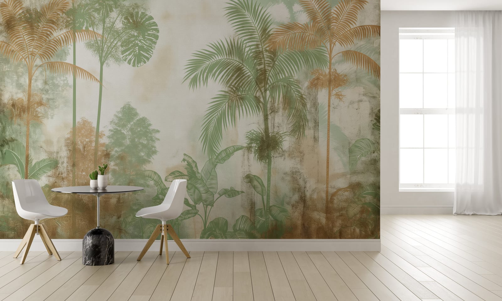 Light green tropical design with palm silhouettes for elegant dining space