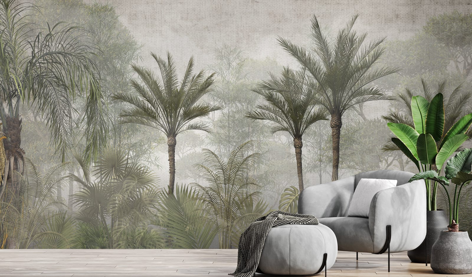 Soft Jungle Palm Wall Mural Highlighting Meditation Room with Peaceful Nature Style