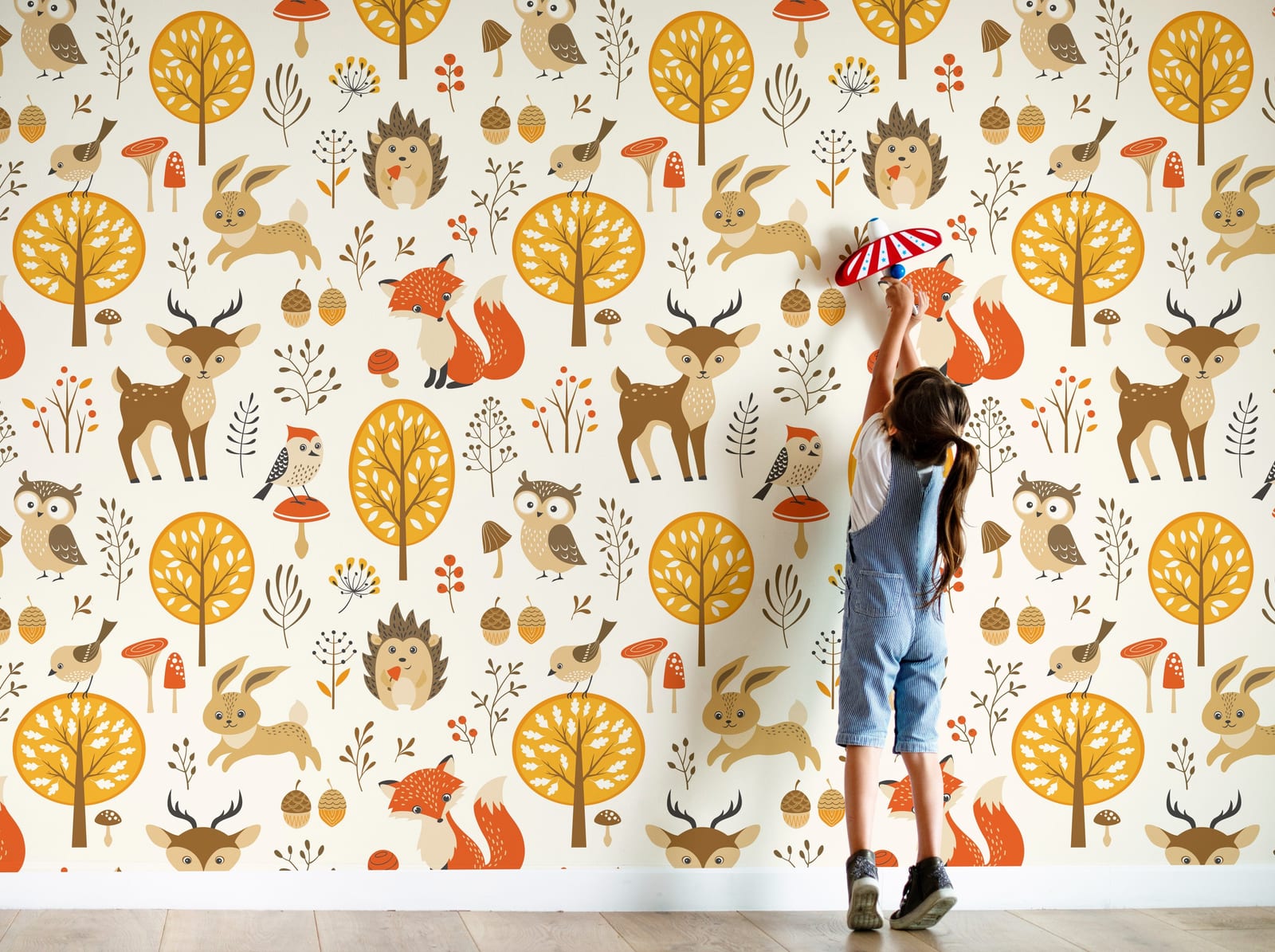 Kids nursery wallpaper with cute woodland animals trees mushrooms soft earthy colors