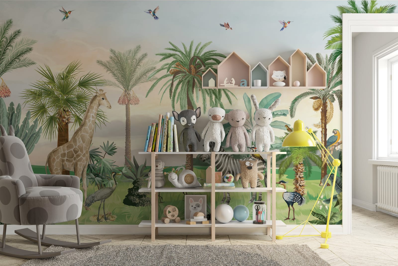 Pastel safari wallpaper with birds, palm trees, wildlife scene for baby room