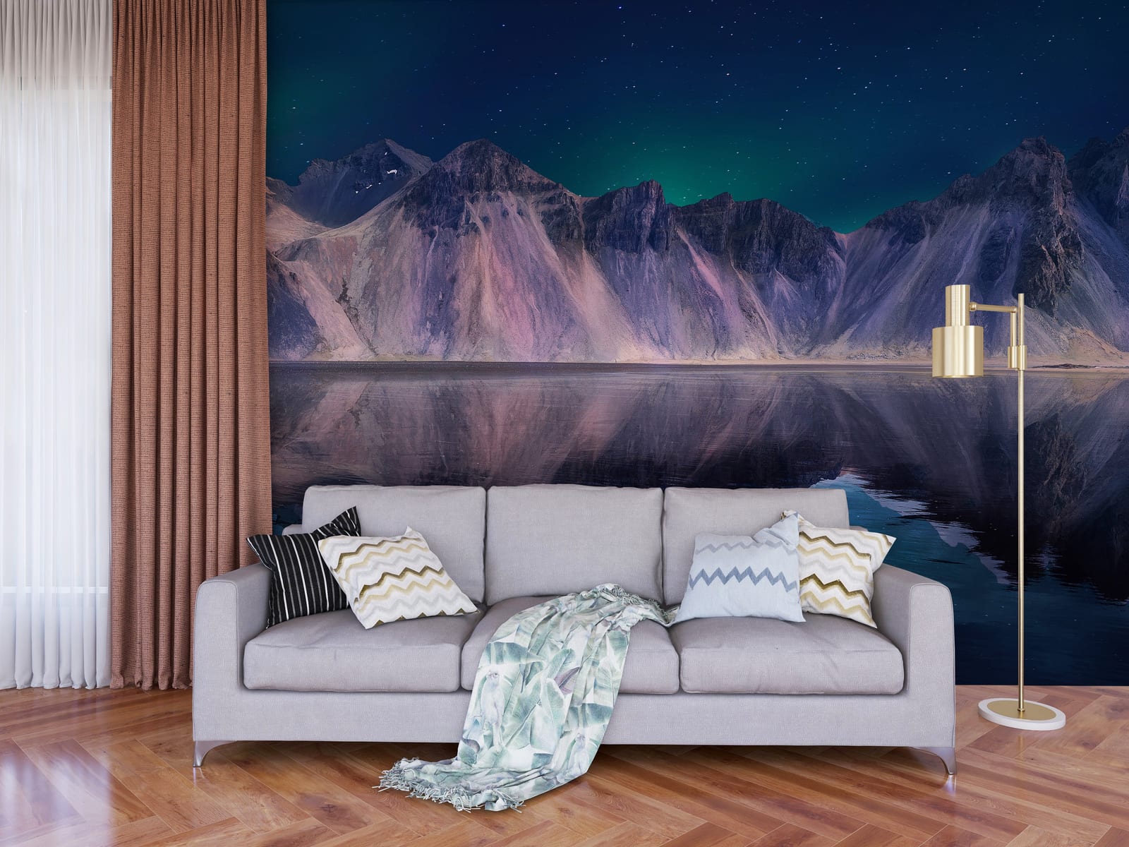 Night landscape wallpaper with glowing sky and mountain reflections for modern lounge