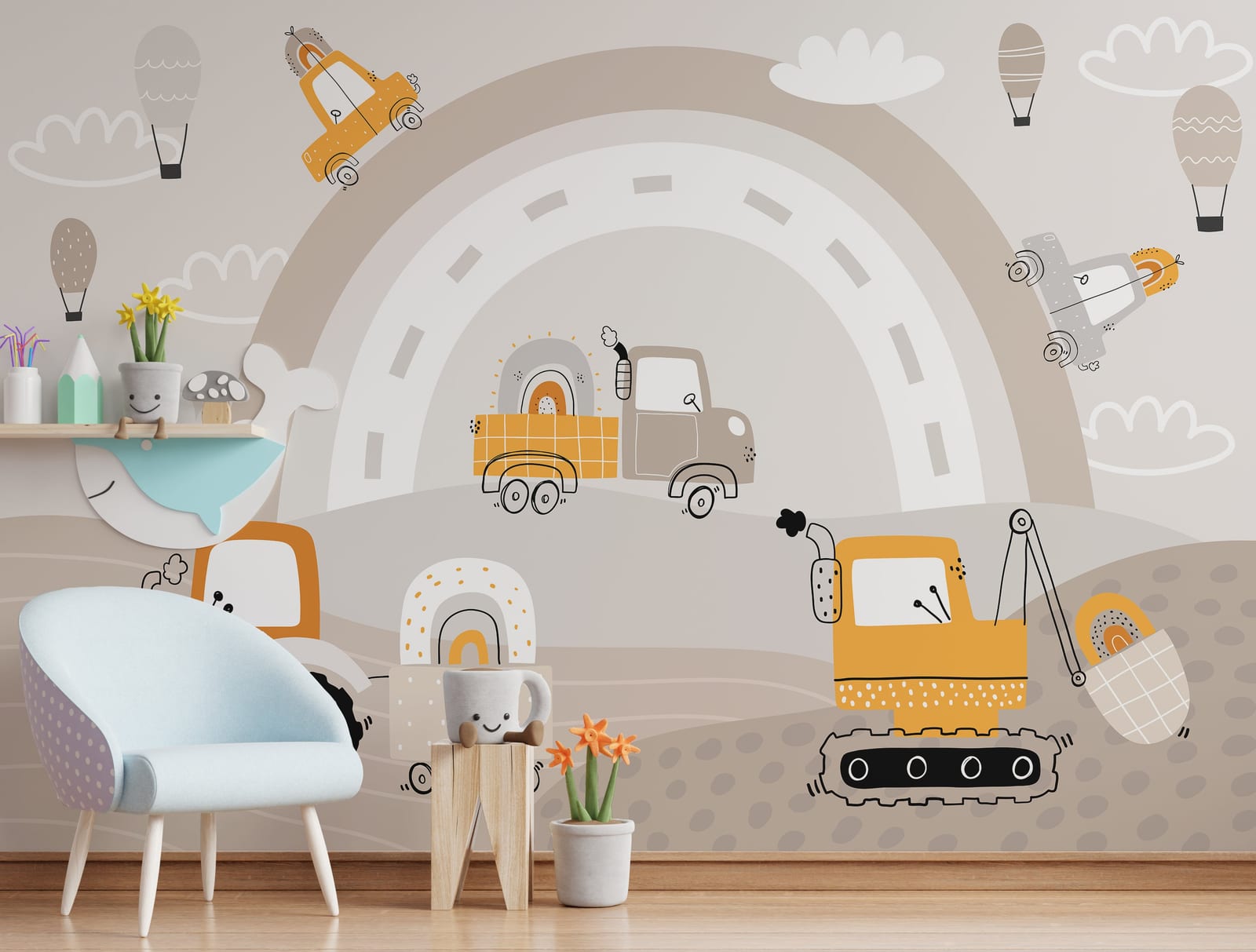 Kids adventure transport landscape mural for preschool room styling