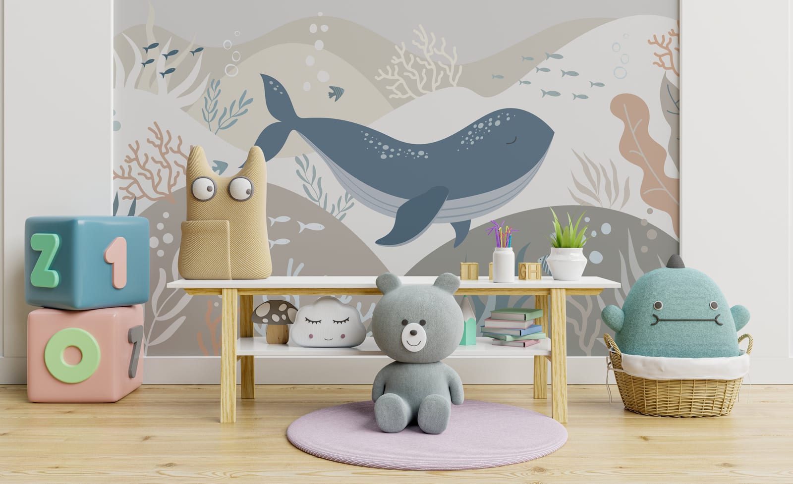 Cute whale fish coral reef wallpaper for children learning room background