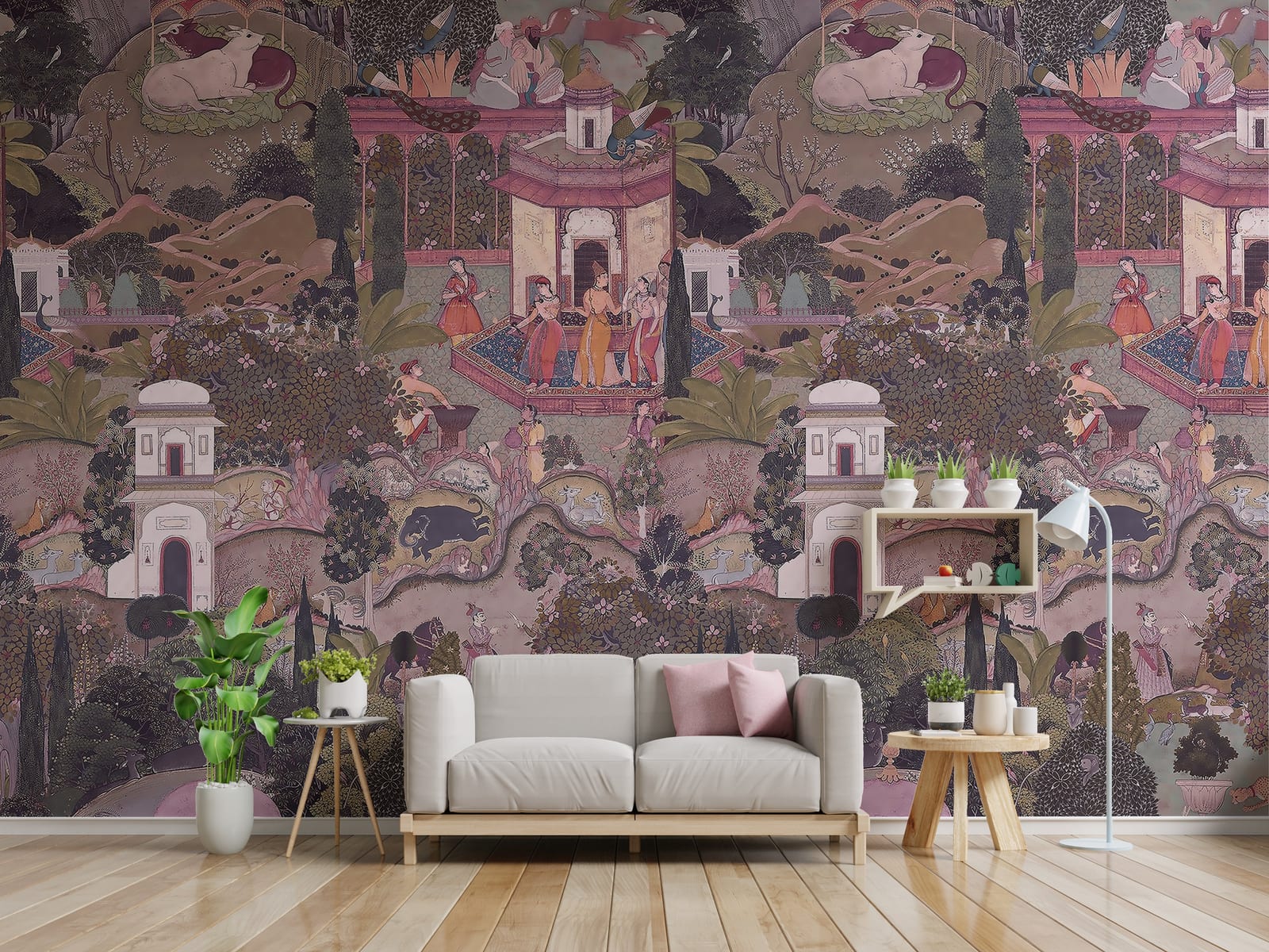 Luxury lounge accent wall wallpaper with classic Mughal garden illustration, rich earthy palette for premium interiors