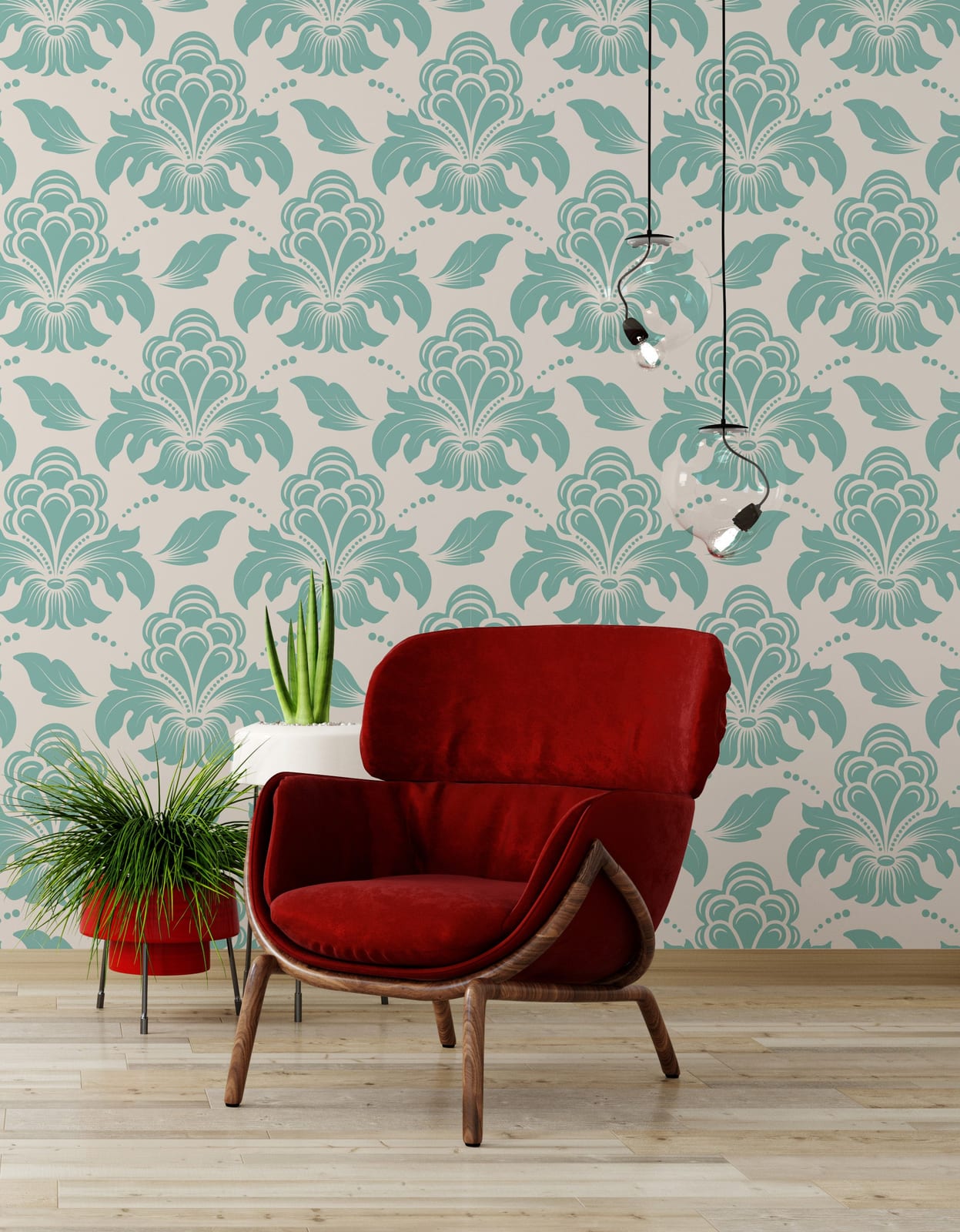 Teal floral damask wallpaper for modern sitting area with wooden flooring