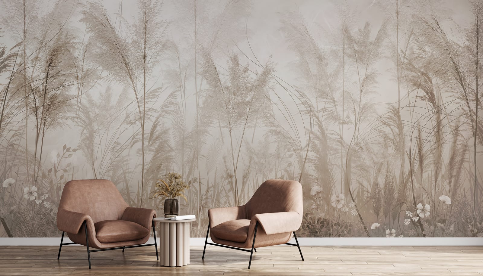Pampas plant themed mural decoration for contemporary home office
