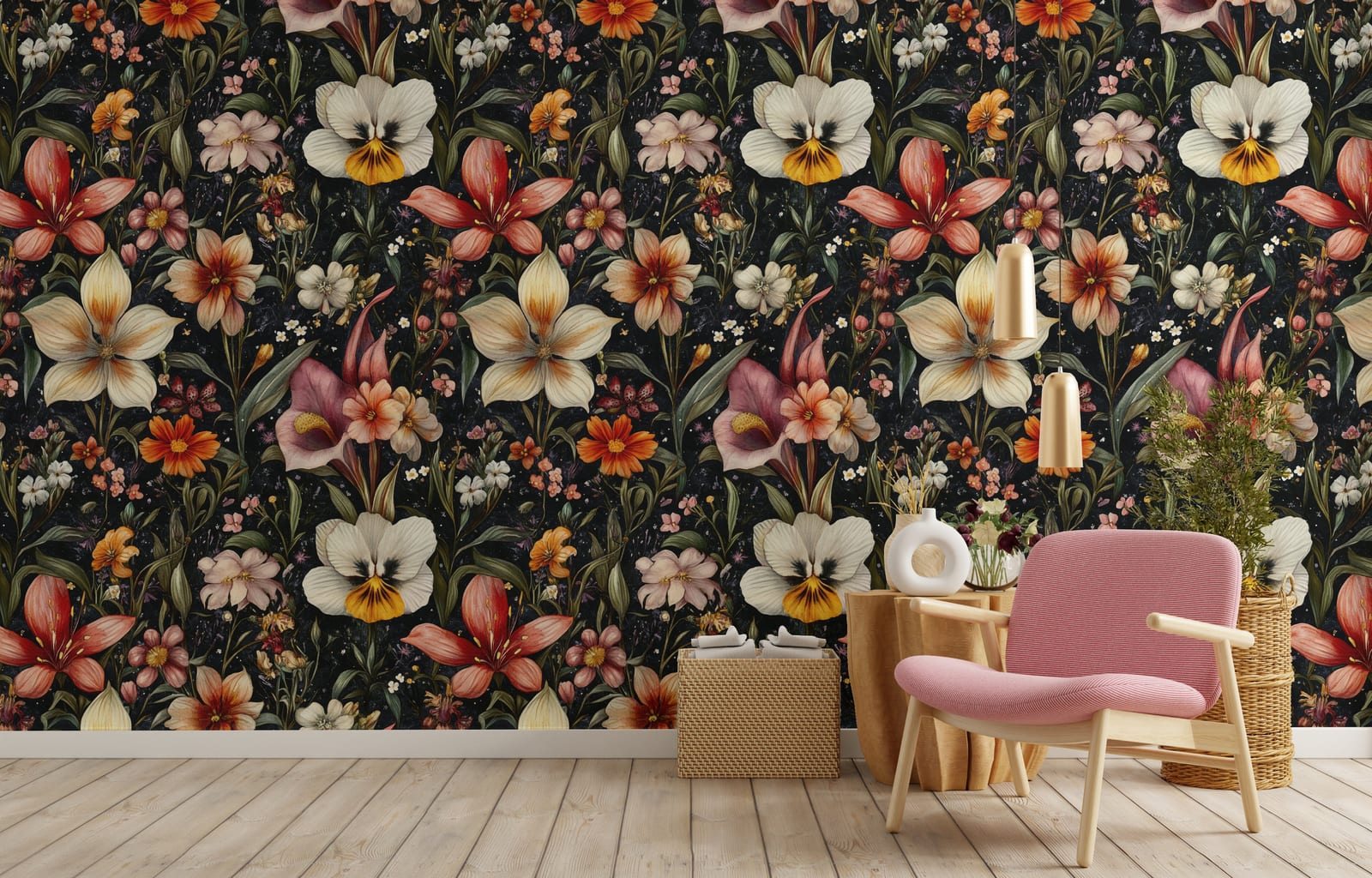 Bold floral wallpaper with dark botanical blooms enhancing elegant living room decor