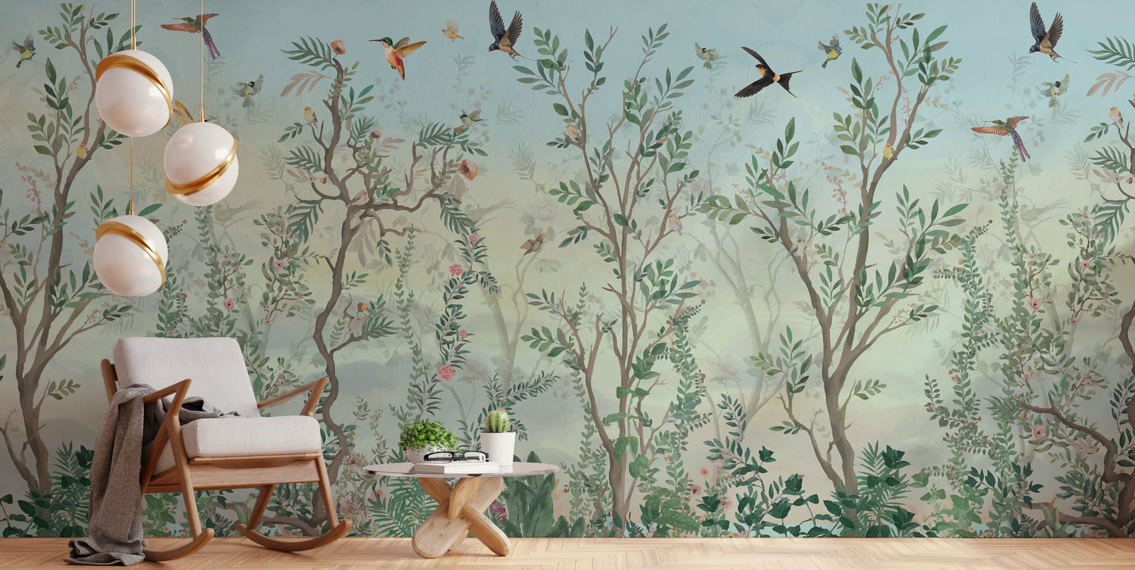 Pastel botanical forest wallpaper mural with birds and delicate flowering trees creating peaceful bedroom interior atmosphere