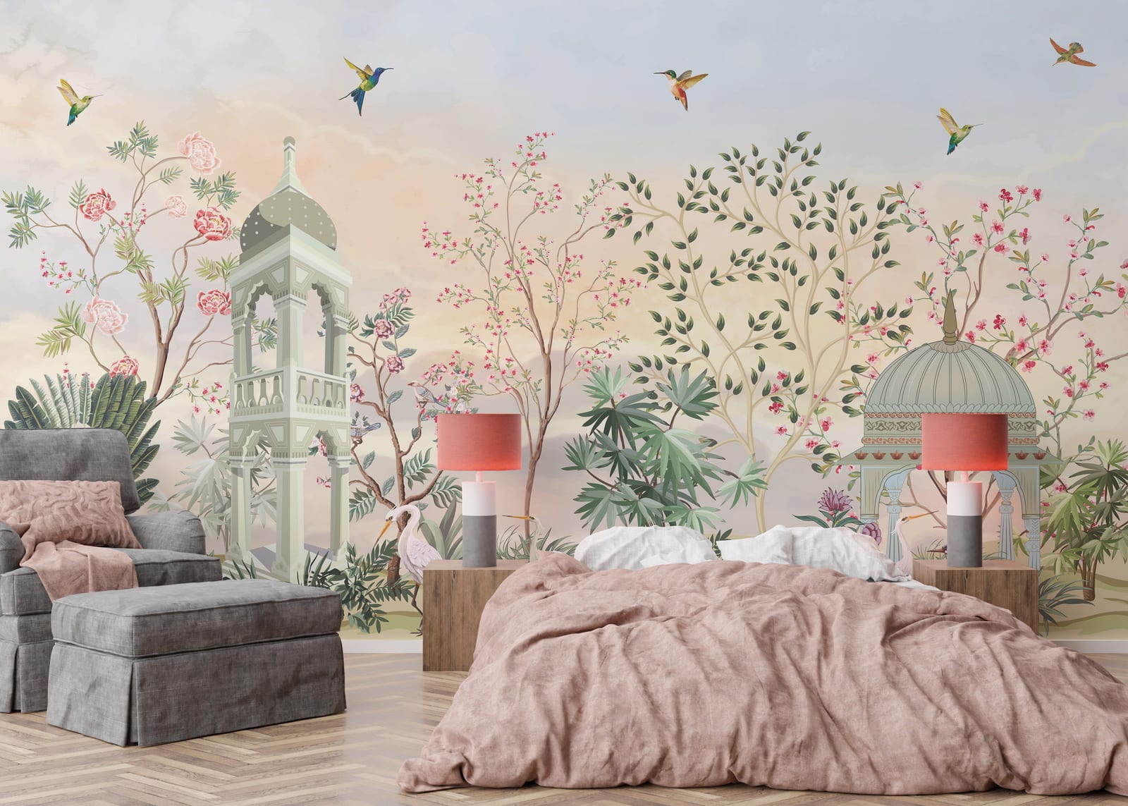 Botanical garden wall mural with cranes and blossoms in warm tones for bedroom decor