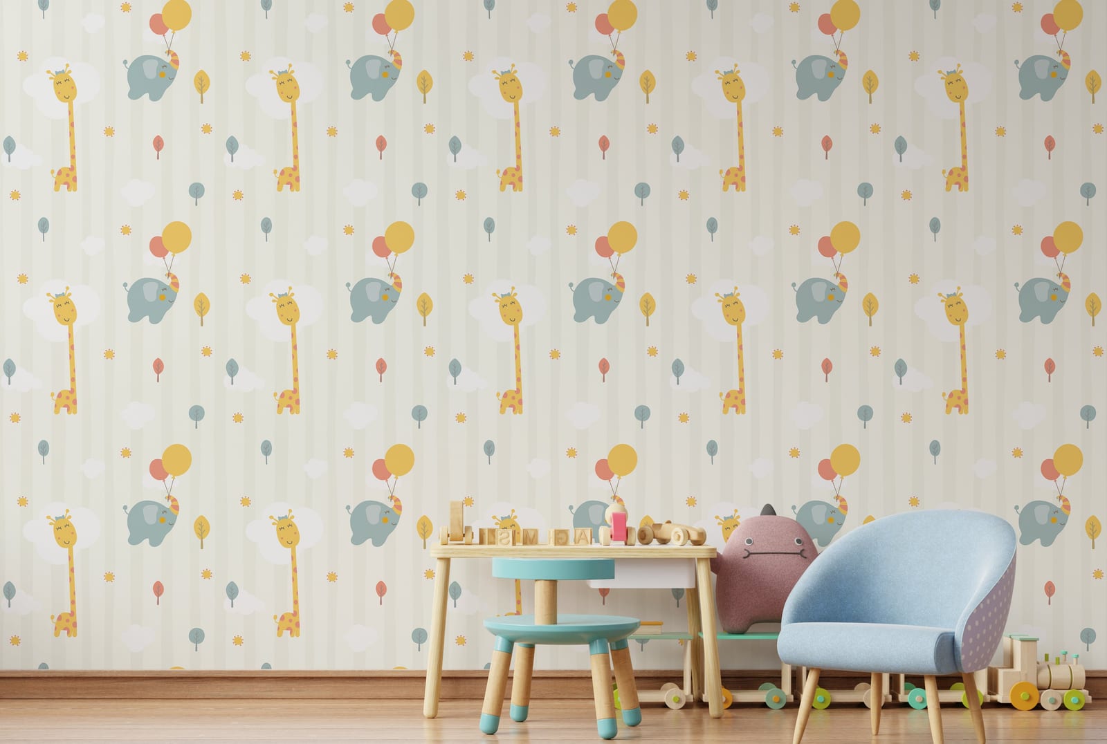 Giraffe elephant nursery wall decor enhancing preschool classroom with friendly playful safari ambiance