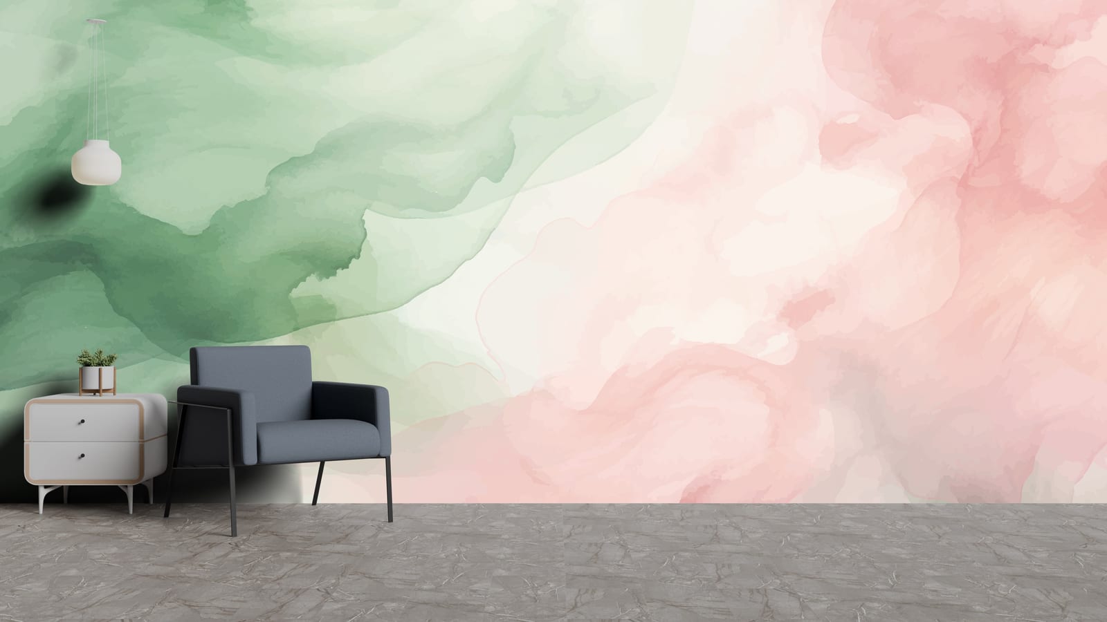Minimalist lounge area enhanced by pastel abstract surface with smooth color transitions