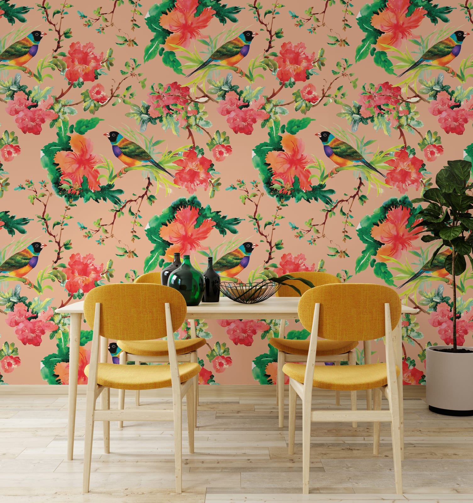 Contemporary cafe accent wall wallpaper featuring tropical birds and peach floral mural style