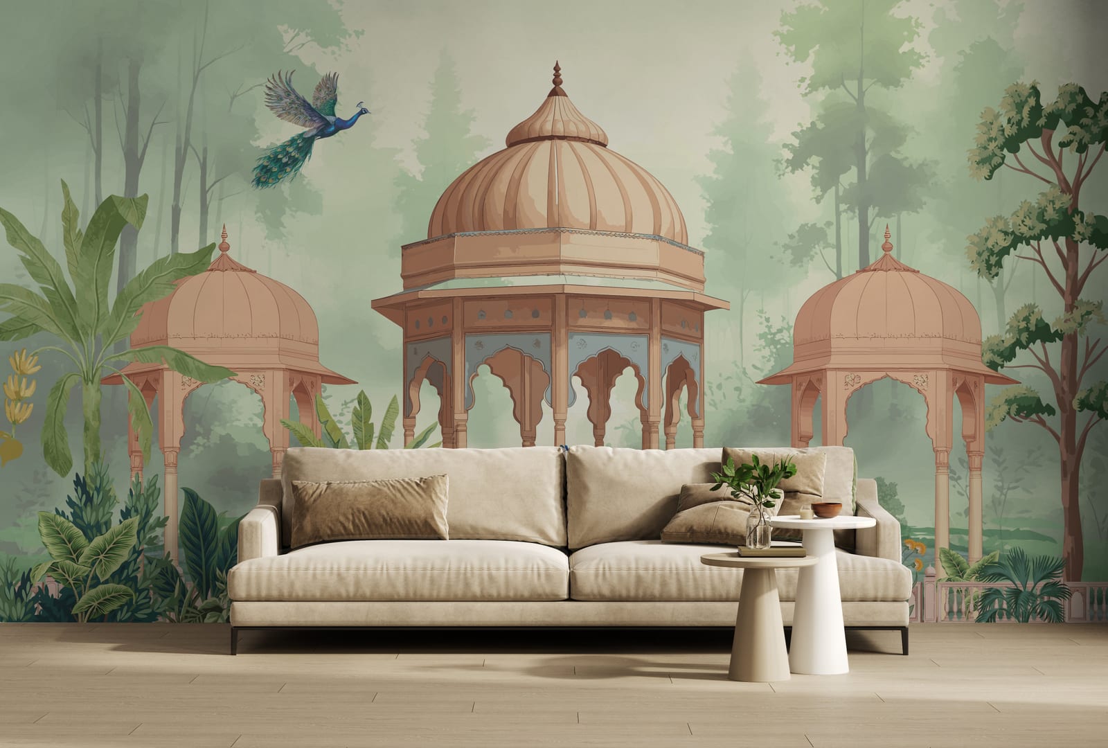 Peacock garden wall mural with domed pavilion, green foliage, elegant living room decor