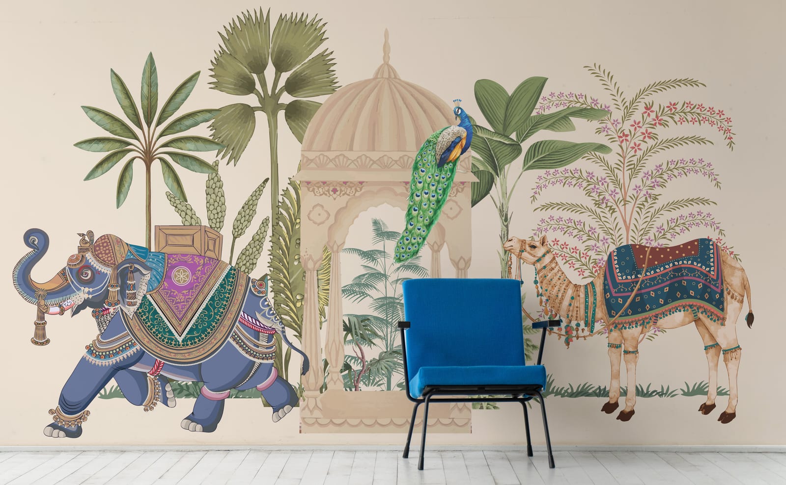 Mughal garden mural with detailed elephant peacock and tropical plants for office interior