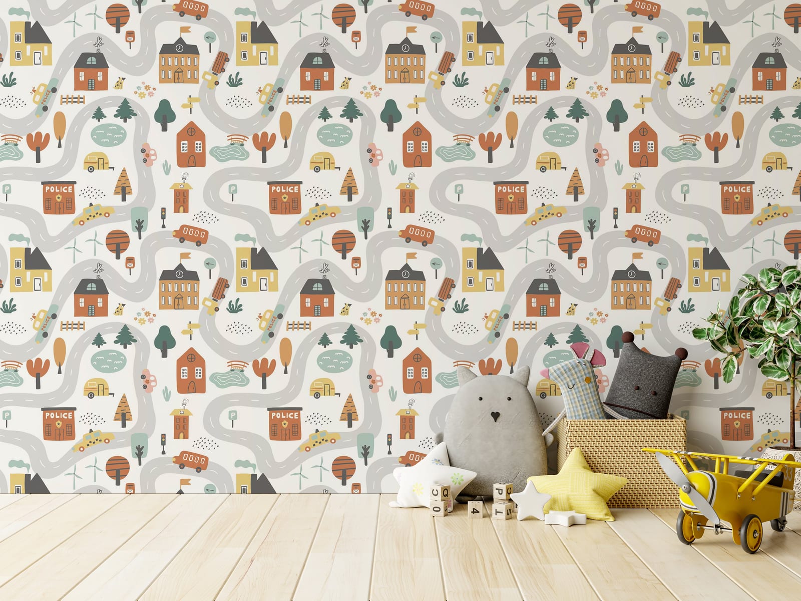 Tent city themed kids room wallpaper showcasing playful schools, buses, winding roads, and colorful houses pattern in kids bedroom