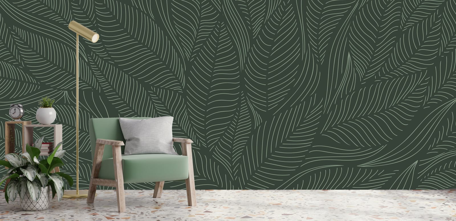 Modern foliage illustration wallpaper for contemporary dining area backdrop