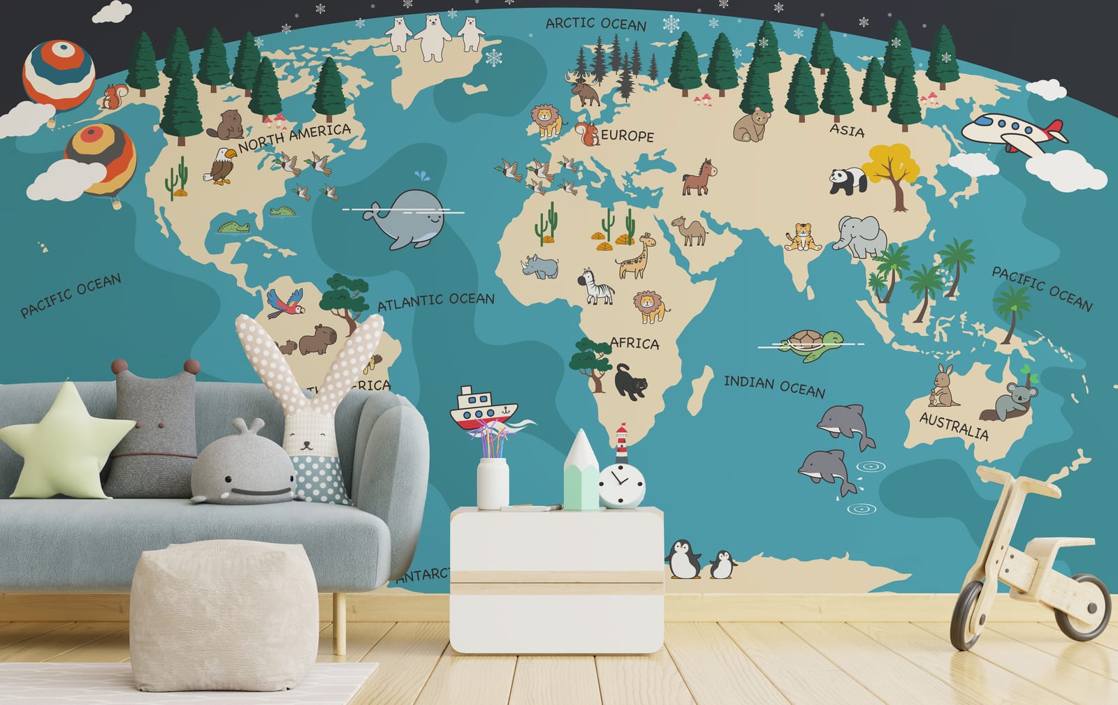 Illustrated world map animal mural in calming blue shades for baby room