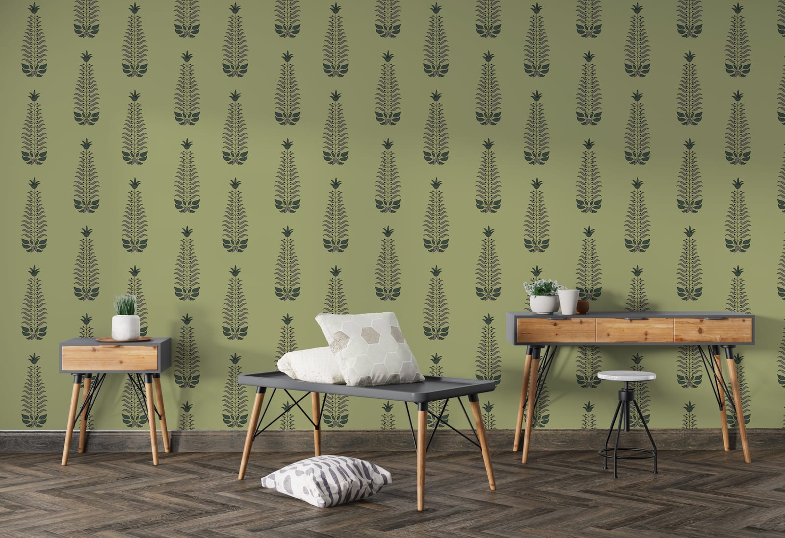 Green leaf pattern wallpaper bringing refined and natural aesthetic to modern dining room