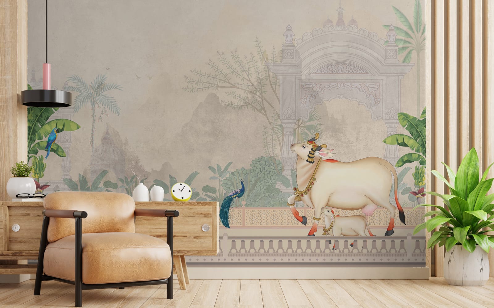 Modern bedroom accent wallpaper with soft beige Indian cow garden palace mural design