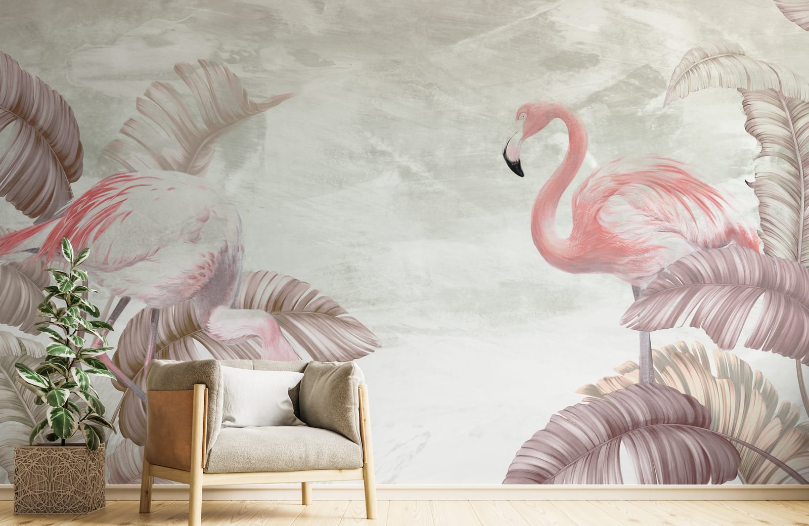 Tropical flamingo wallpaper featuring pastel birds and green foliage for living room walls