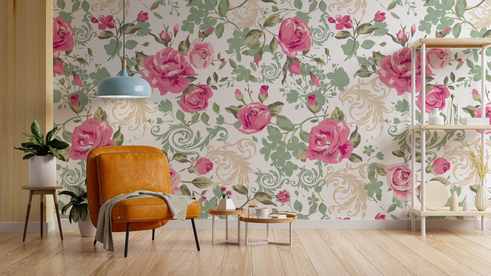Elegant vintage rose wallpaper in soft pink tones enhancing stylish and productive home office environment