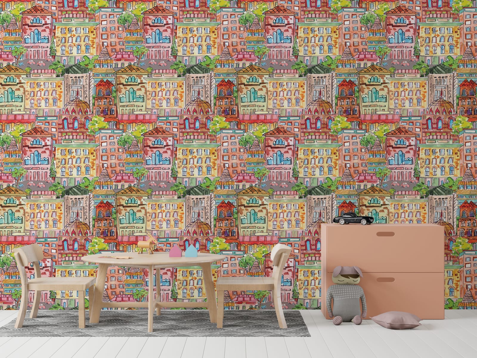 Daycare wall wallpaper with vibrant illustrated buildings adding joyful learning environment design