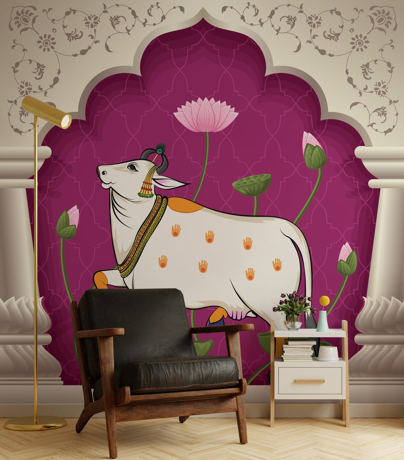 Traditional Indian sacred cow artwork with lotus accents for peaceful prayer room decor