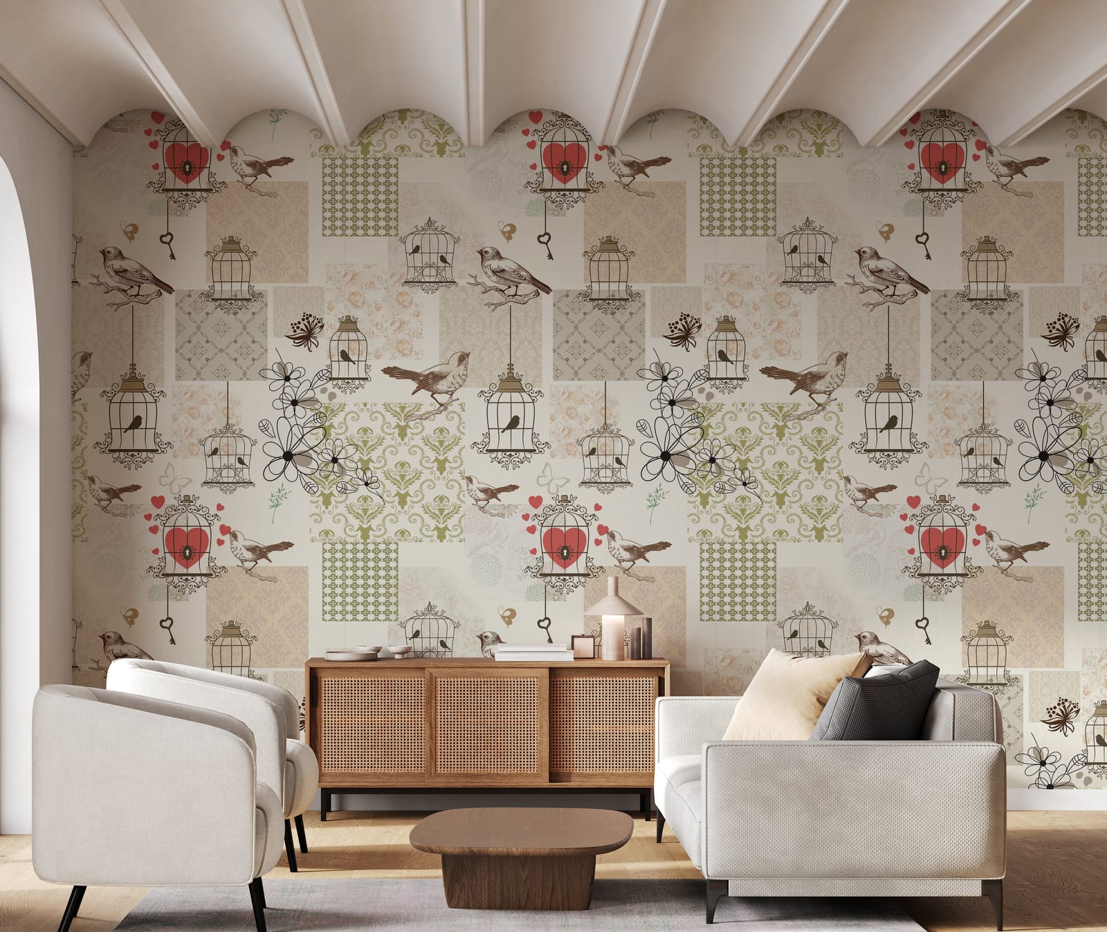 Vintage bird cage wallpaper mural with patchwork floral patterns enhancing cozy farmhouse living room interior decor