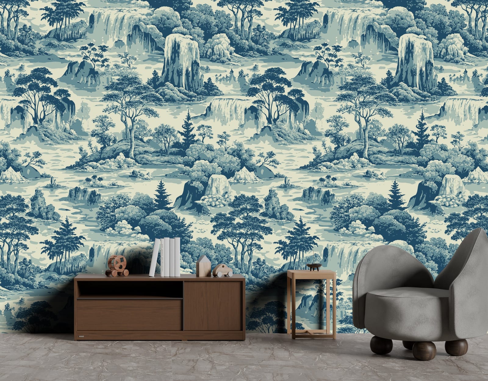 Waterfall landscape wallpaper with blue toile pattern, elegant living room accent wall decor
