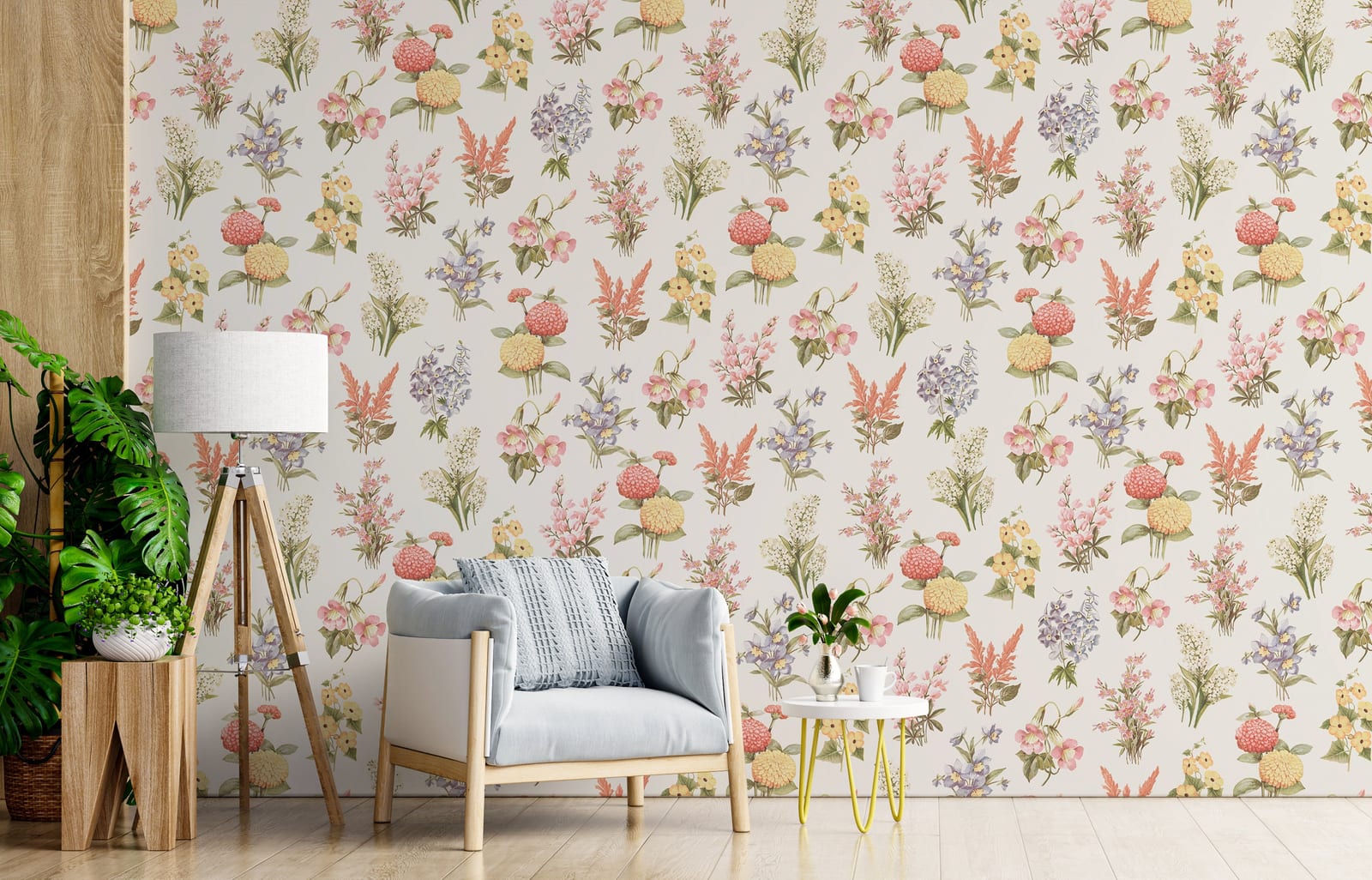 Vintage botanical bouquet wall covering for elegant dining space styling