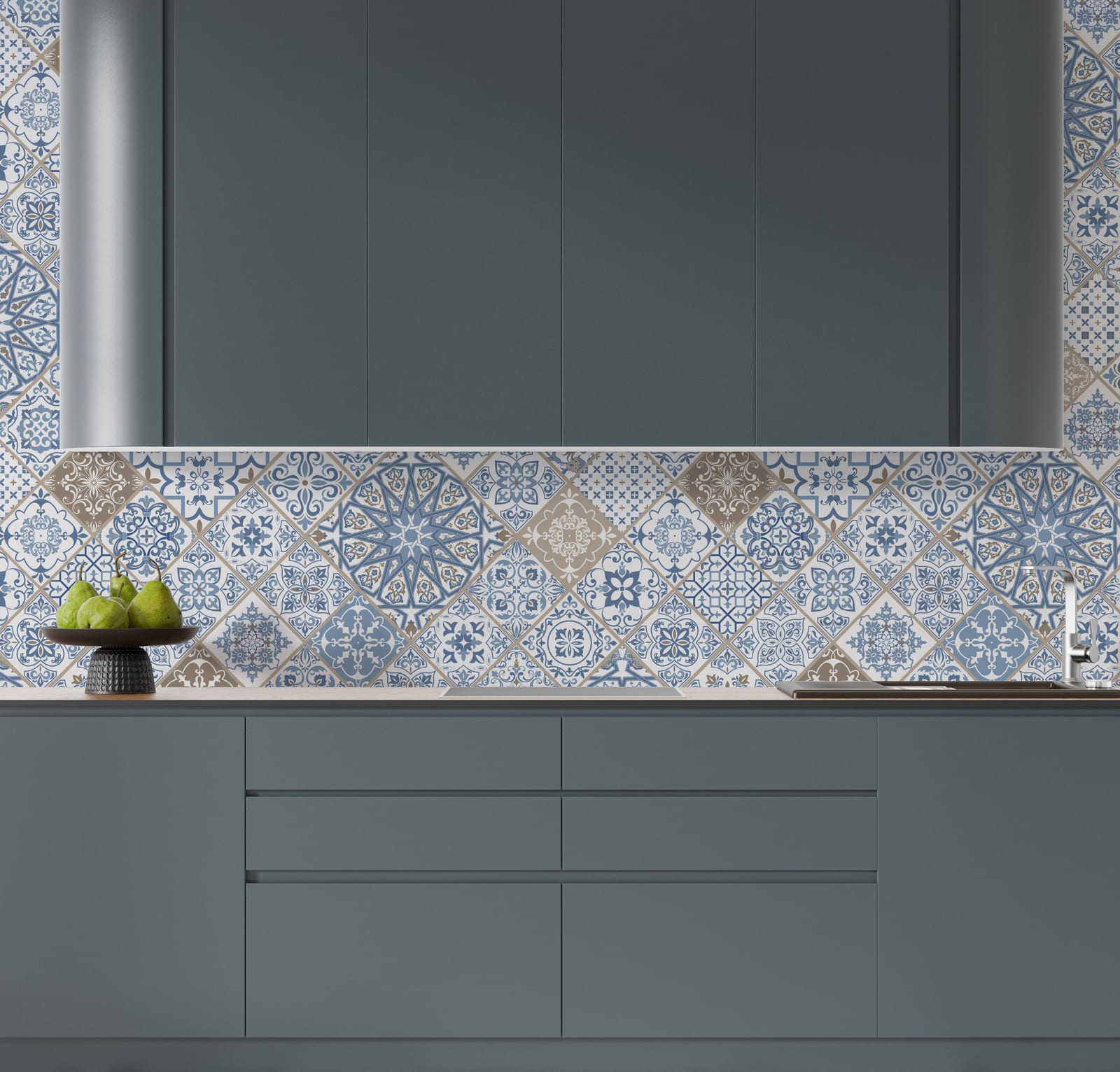 Blue patterned tile wallpaper with intricate motifs for modern cafe or kitchen backsplash
