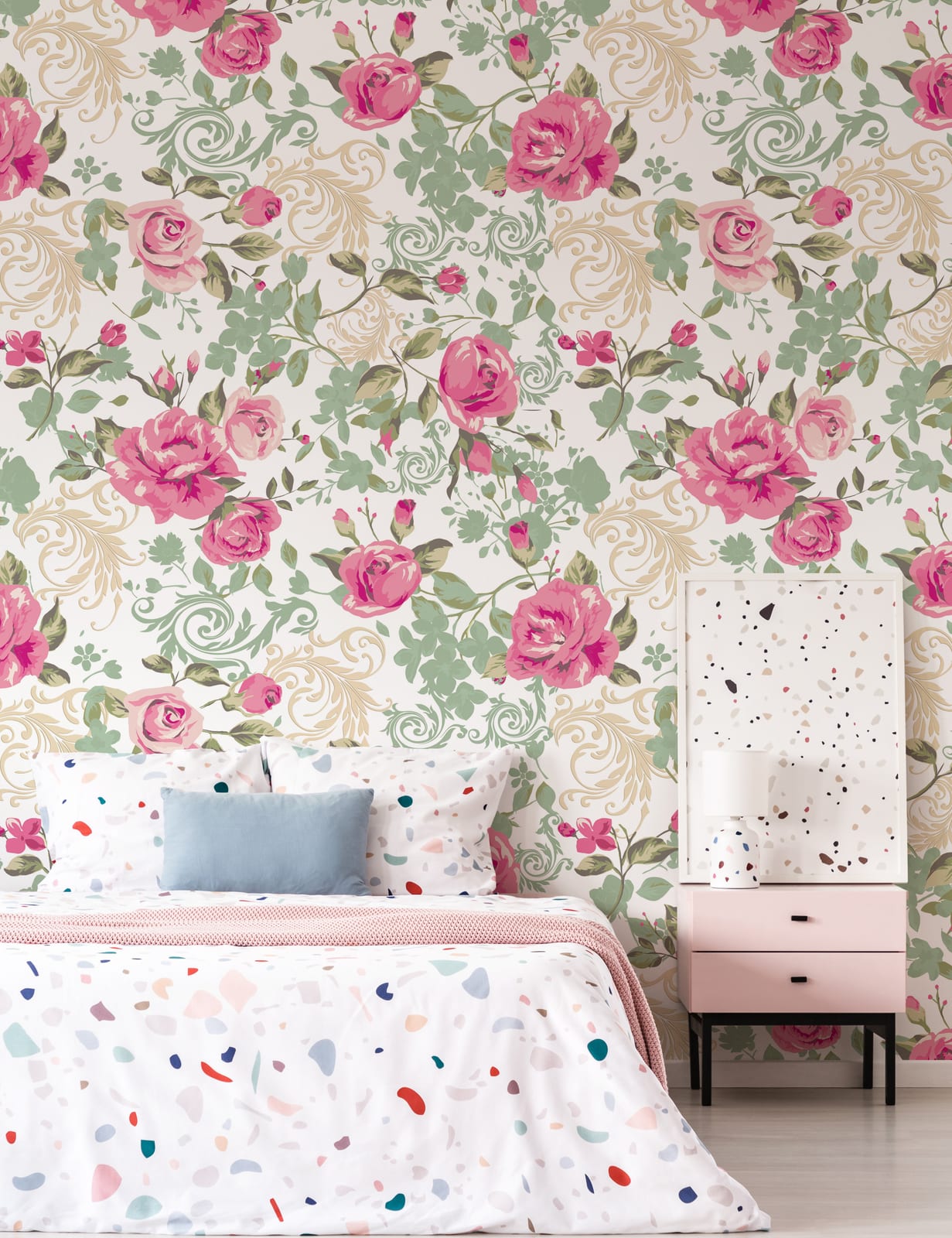 Soft pink vintage rose wallpaper with elegant floral patterns making cozy and inviting guest bedroom decor