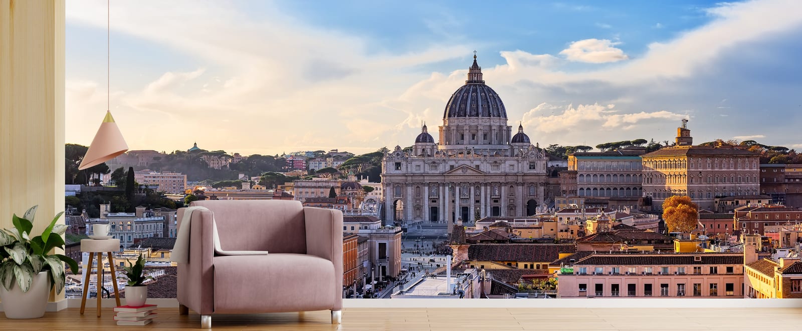 Vintage Roman skyline wall mural delivering grand historic ambiance for stylish lounge space