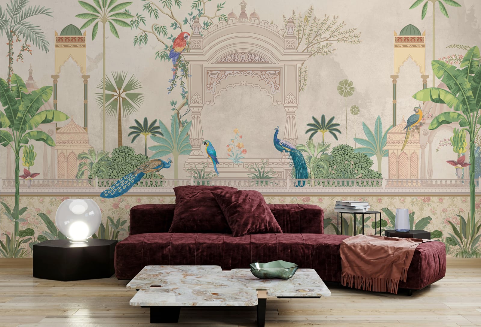 Peacock palace wallpaper with beige botanical arch design for elegant bedroom