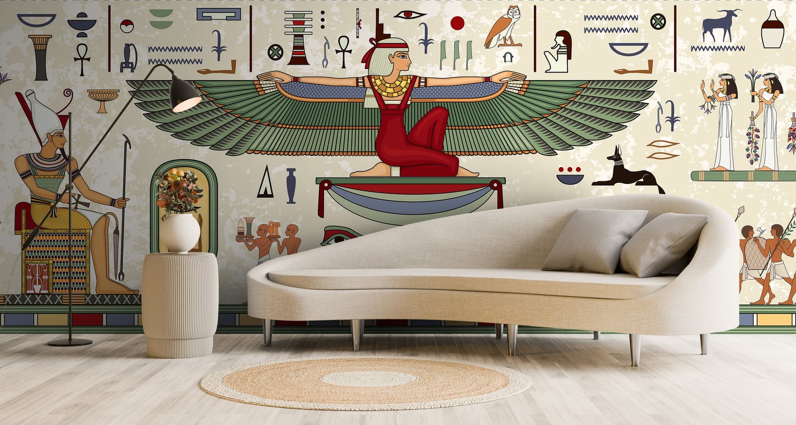 Egyptian wallpaper featuring ancient hieroglyphics and winged goddess artwork, beige living room accent wall