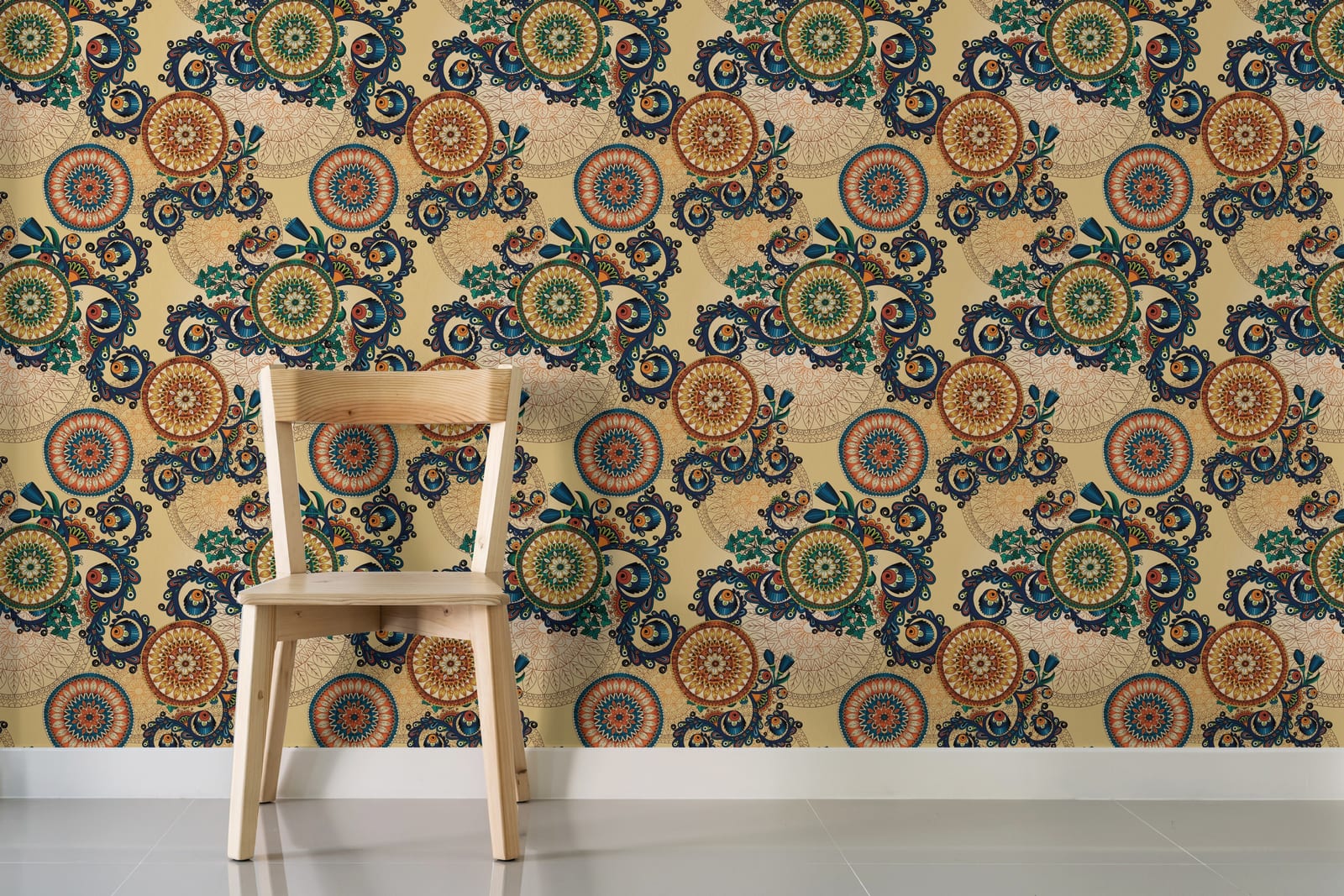 Premium home decor featuring boho pattern wallpaper with detailed mandala artwork in beige gold colors