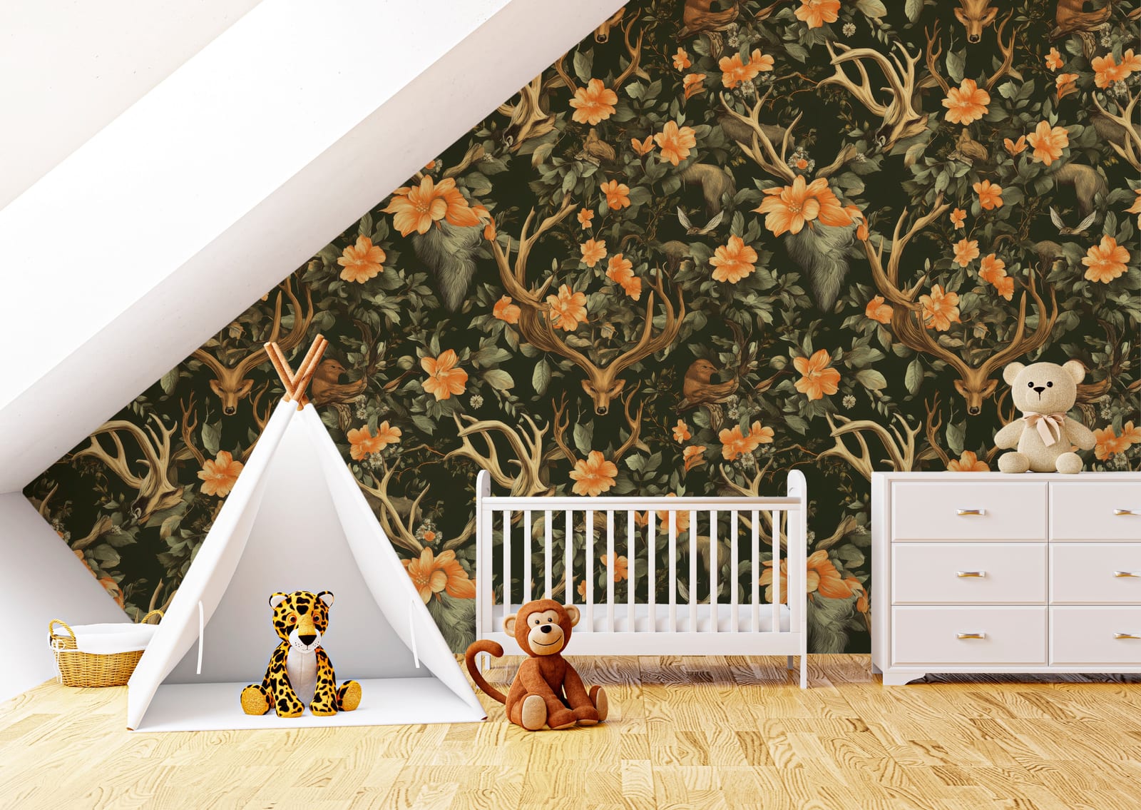 Nature animal wallpaper with fox, antlers, orange flowers for cozy nursery room design
