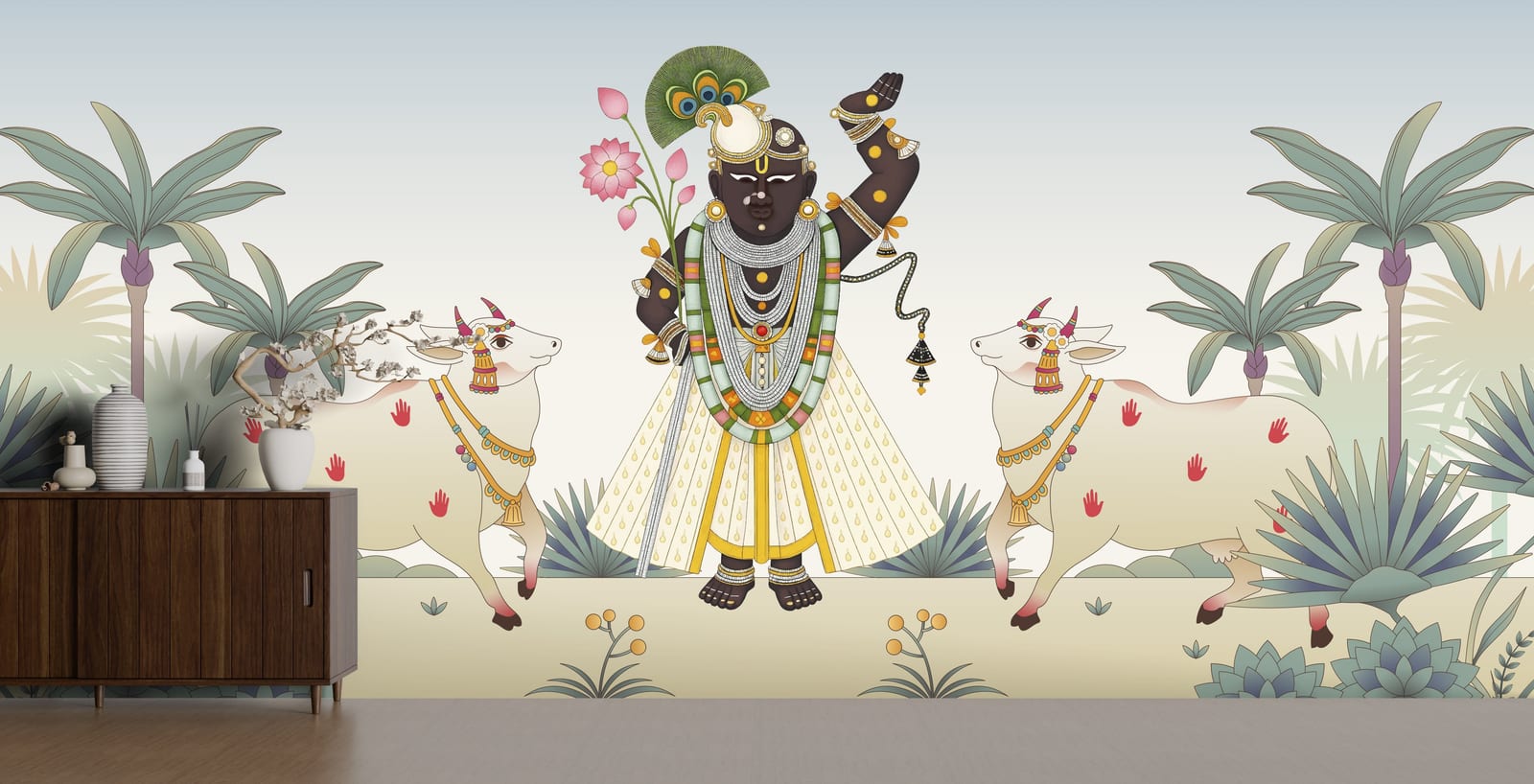 Indian Krishna mural art with cows and florals, muted palette, elegant dining room decor