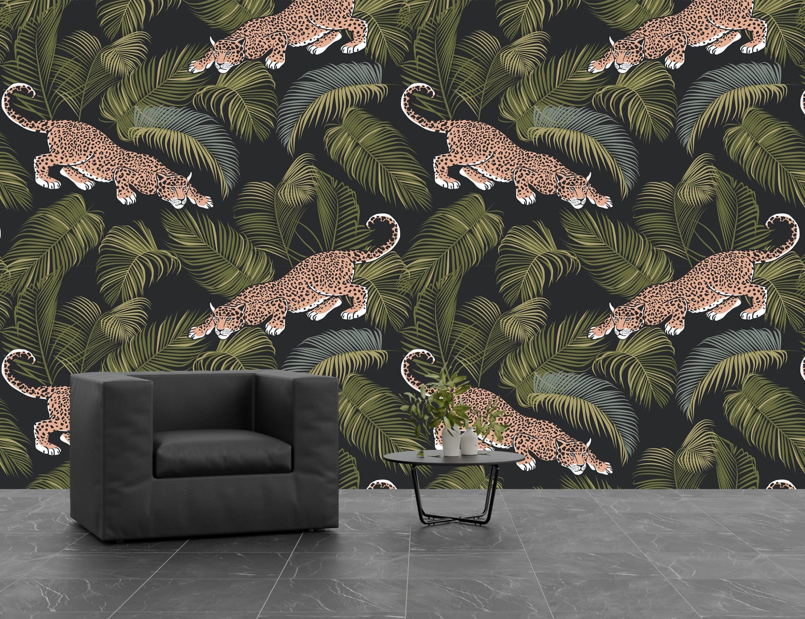 Dramatic jungle leopard design with lush foliage creating statement home office wall decor